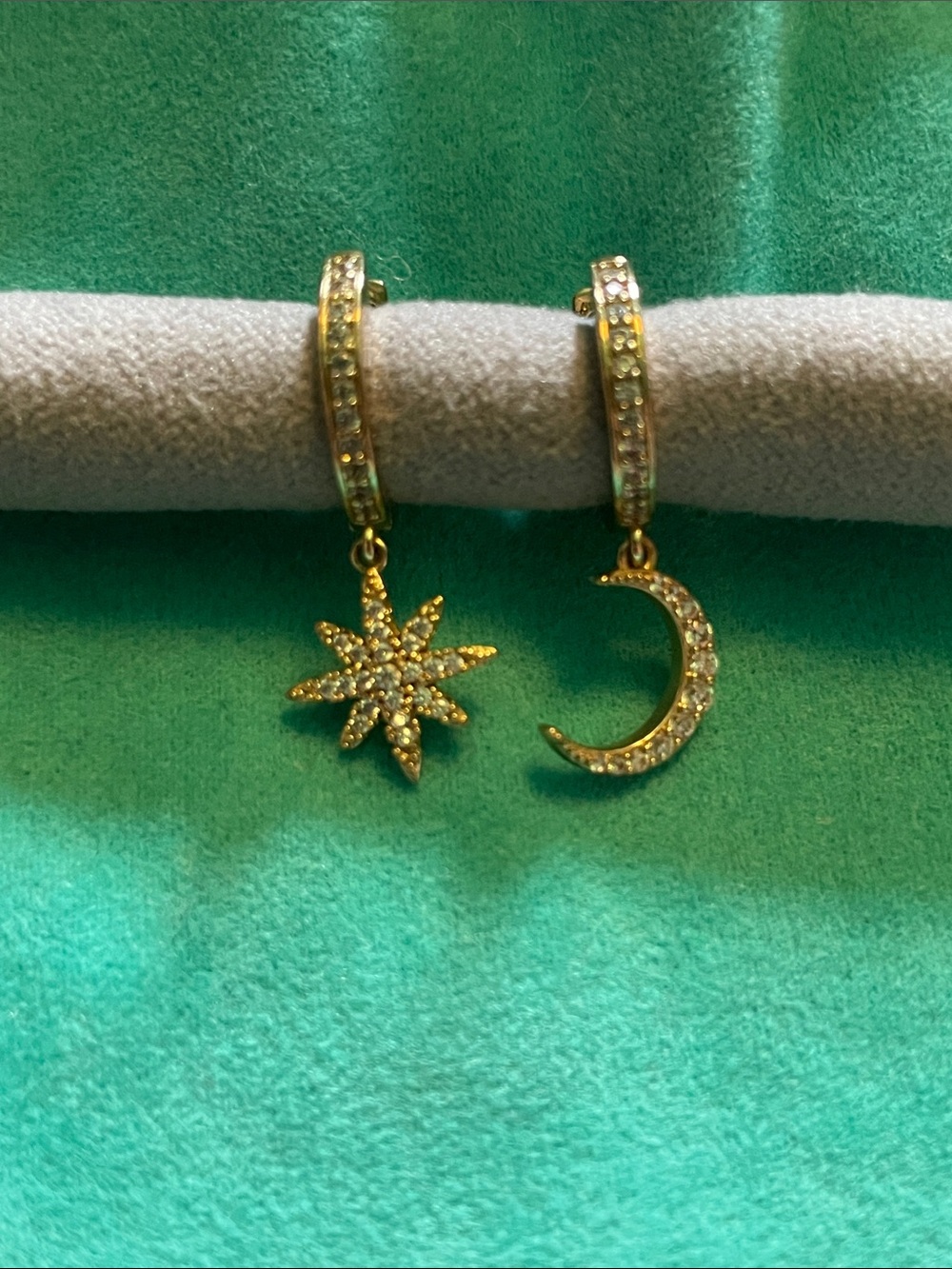 C&C California Gold Moon & Star Pave Dangle Huggie Earrings